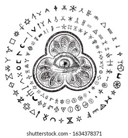 Fortune Teller or witch magic symbols spell with all seeing eye. Mystic and occult symbols. Palmistry concept of spirituality, astrology and esoteric concept. Magic black ink tattoo flash idea. Vector