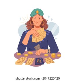 Fortune Teller Woman Guessing On Psychic Tarot Cards Isolated Flat Cartoon Character. Vector Gypsy Lady Reading Future, Fairy With Card. Mystery Girl Fortuneteller, Astrology And Destiny Foresight