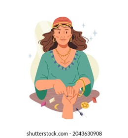 Fortune teller woman guessing and predicting on hand isolated flat cartoon illustration. Vector supernatural paranormal sorcerer, soothsayer mystic medium girl, gypsy in traditional dress, futurology