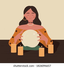 Fortune teller woman reading future on magical crystal ball. Gypsy oracle. Vector illustration in cartoon style. Isolated on white background.