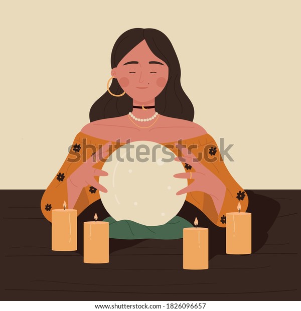 Fortune teller woman reading future on\
magical crystal ball. Gypsy oracle. Vector illustration in cartoon\
style. Isolated on white\
background.