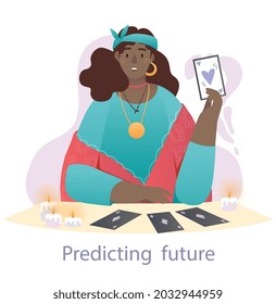 Fortune teller at work concept. Woman with supernatural abilities predicts future with help of tarot cards. Witch tells about fate. Cartoon flat vector illustration isolated on white background