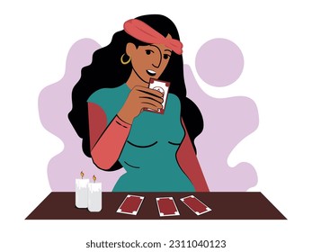 Fortune teller at work concept. Woman with supernatural abilities predicts future with help of tarot cards. Witch tells about fate. Cartoon flat vector illustration isolated on white background