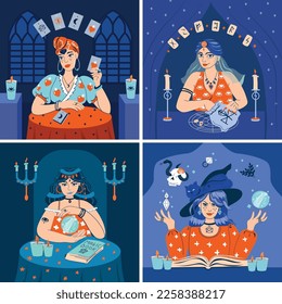 Fortune-Tellers 2x2 Design-Konzept mit vier Frauen, die Zukunft durch rundes Kristallkugeln und Karten flache Vektorgrafik