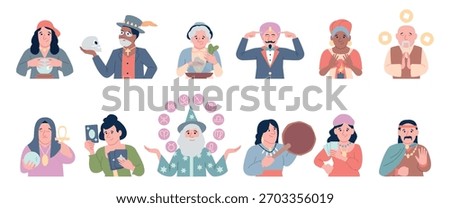Fortune tellers. Actors with magic tools and equipment. Magicians, future teller, tarot reading, astrologers, shamans. Circus show recent vector characters