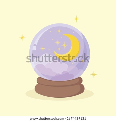 Fortune teller's Crystal ball with clouds, moon and stars inside. Abstract and magic vector illustration for Halloween holiday.