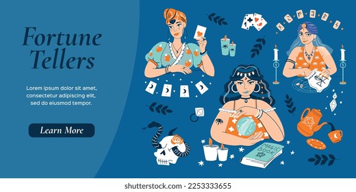Fortune tellers flat web site with female characters looking through crystal ball reading runes and cards vector illustration