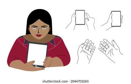 Fortune tellers holding tablet for show future from reading palm lines. Gypsy woman and palm lines of flat vector illustration.