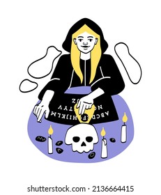 Fortune tellers predicting future. Girl performs ritual to protect against dark forces and evil spirits. Security, intangible energy, evil eye. Witch and sorcery. Cartoon flat vector illustration