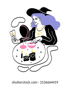 Fortune tellers predicting future. Girl in mirror determines future events. Character in witchs hat on ritual. Magic and extraterrestrial forces, superpower. Cartoon flat vector illustration