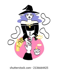 Fortune tellers predicting future. Girl holds clients hand. Fortuneteller and witch. Superpowers, predictions, ancient mystical rituals. Strange symbols, energy. Cartoon flat vector illustration