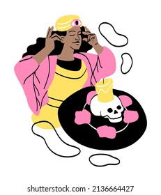 Fortune tellers predicting future. Girl burns skull, mystical rite. Protection from evil spirits. Attractive character with clairvoyant eye. Candles and fire. Cartoon flat vector illustration