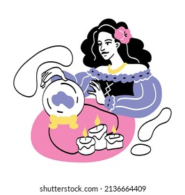 Fortune tellers predicting future. Woman next to balloon with secrets. Magical or mystical ritual. Witch and superpowers, supernatural powers. Design for card. Cartoon flat vector illustration