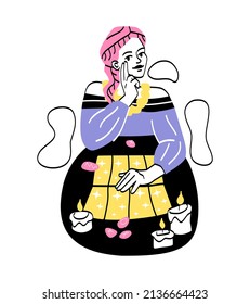 Fortune tellers predicting future. Woman lays out cards on table. Divination and ancient rituals, witchcraft. Gypsy in jewels, gold chain. Intangible energy. Cartoon flat vector illustration