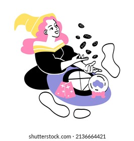 Fortune tellers predicting future. Young attractive woman holds runes in her hand. Gypsy, witch and supernatural powers. Mysticism, religion and esotericism. Cartoon flat vector illustration