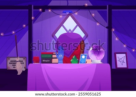 Fortune tellers room interior with occult items. Cartoon crystal ball, magic book, tarot, crystals, mirror and hand with eye sign vector flat illustration. Future predict, witchcraft divination ritual