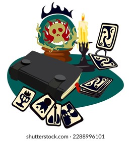A fortune teller's table with magical items. Esoteric and mystical recipes. Cartoon. A magic ball with a skull, candles, a candlestick, magic book, Tarot cards Still life with fortune-telling details