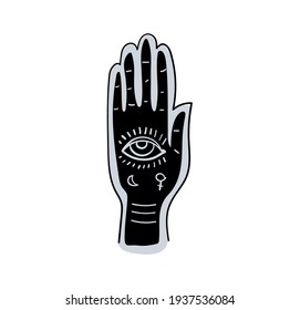 Fortune telling by hand and along the lines of fate, palmistry, prediction and fortune-telling. Black palm with eye tattoo. Simple vector witch sign, vintage design, occult symbol.