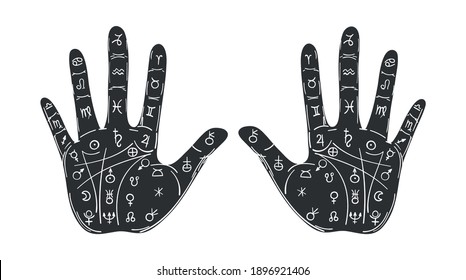 Fortune telling by hand and the lines of fate, palmistry, prediction and divination. Black palms with the signs of the planets. Vector sign for a witch, vintage design, occult symbol