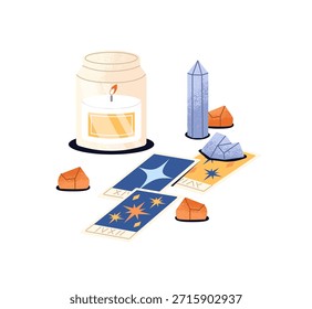 Wahrsagen durch Zauberkristalle, Tarotkarten und Kerzen. Astrologie und Hexerei. Esoterische Werkzeuge für Wahrsagen, Vorhersagen, zukünftiges Lesen. Flache, einzelne Vektorgrafik auf weißem Hintergrund