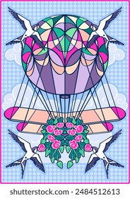 A fortune telling card with a hot air balloon, swallows and roses flying. Mysticism and magic concept. A hand-drawn illustration, not an AI