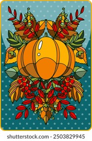 Fortune telling card with pumpkin, autumn leaves and berries. The concept of mysticism and magic. An illustration drawn by hand, not AI