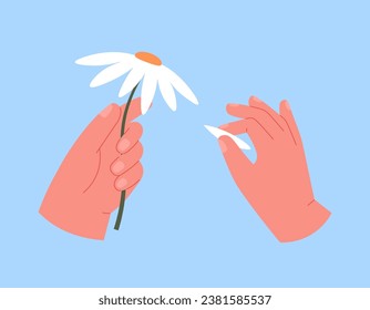 Fortune telling with chamomile. Hand hold daisy flower and petal. Magic ritual, yes or no choose. Like or dislike, romantic feelings question, vector concept