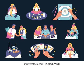 Fortune telling color set of isolated compositions with doodle characters of fortune tellers cards and accessories vector illustration