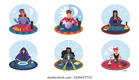 Contar fortuna, adivinar la ilustración vectorial. Dibujo de escenas mágicas aisladas con personajes adivinos, brujos o adivinos sentados en la mesa redonda para predecir el destino con bola de cristal, tarot