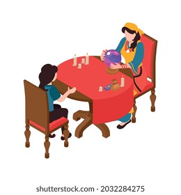 Fortune telling icon with client and gypsy using crystal ball tarot cards runes isometric vector illustration