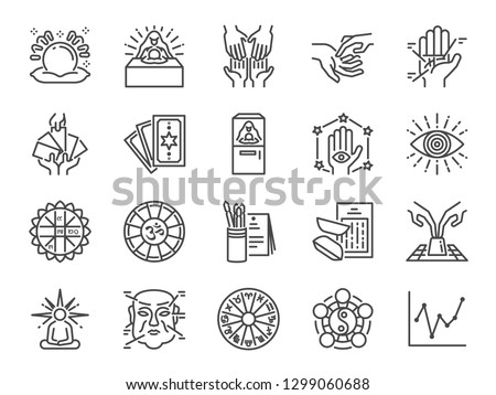 Fortune telling line icon set. Included icons as fortunes, tarot, palmistry, Chi-Chi Sticks, horoscope and more.