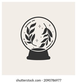 Fortune telling magic crystal ball with sprigs of plants inside. Nature and magic. Good for the design of beauty products, magic and spirit shops and merchandise, tattoos. Vector illustration.