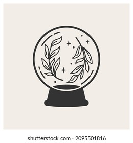 Verzeihen Sie die magische Kristallkugel mit Spinnen von Pflanzen. Natur und Magie. Gut für das Design von Kosmetikprodukten, Magie- und Spirituosenläden und Waren, Tattoos. Vektorgrafik.
