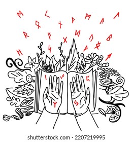 Fortune telling on Elder runes. Fortune telling. Spell book and fortune teller. Hands and lines of fate. Doodle style