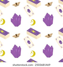 Fortune telling seamless pattern. Magical background with tarot cards, crystal, crescent and moth. Future prediction, divination. Vector doodle design