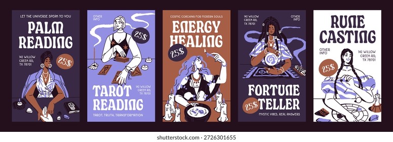 Conjunto de serviços de Fortune telling. Desenhos de cartazes publicitários de leitura de tarô e palma, adivinhações do destino, profecia. Promoções de desígnios, oráculos, clarividentes. Ilustrações de vetor planas