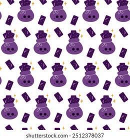 Fortune telling Tarot card bag with decorative stars Cute character Seamless pattern Background idea