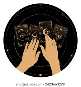 Fortune telling with Tarot symbolism. Woman hands and tarot cards. Mystery, astrology, esoteric