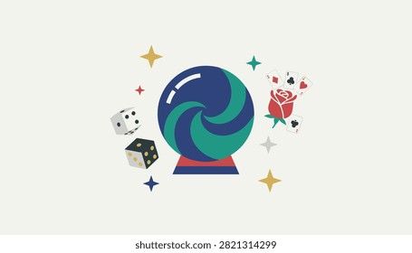 Fortune telling theme illustration featuring a mystical blue and green crystal ball surrounded by dice, playing cards, and a red rose.