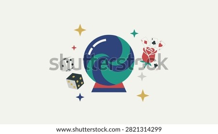 Fortune telling theme illustration featuring a mystical blue and green crystal ball surrounded by dice, playing cards, and a red rose.