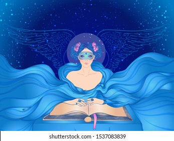 Fortune telling: young beautiful woman in mask an scarf reading an ancient book. Vector illustration. Night sky with moon and stars. Mystic concept design. 