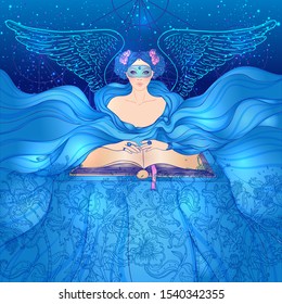 Fortune telling: young beautiful woman in mask an scarf reading an ancient book. Vector illustration. Night sky with moon and stars. Mystic concept design. 