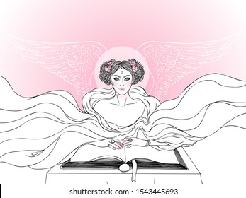 Fortune telling: young beautiful woman in mask an scarf reading an ancient book. Vector illustration. Night sky with moon and stars. Mystic concept design. 