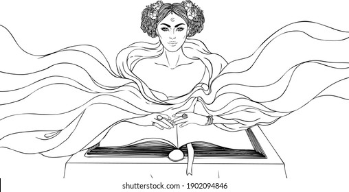 Contando la fortuna: joven hermosa mujer con máscara y bufanda leyendo un libro antiguo. Ilustración vectorial. Cielo nocturno con luna y estrellas. Diseño de concepto místico. 