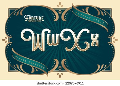 Fortune Vintage vector font set with decorative design elements