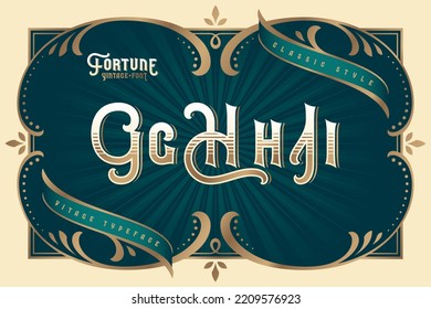 Fortune Vintage vector font set with decorative design elements