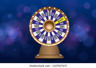 Fortune wheel 3d object on abstract defocused circular blue bokeh background. Wheel of luck.