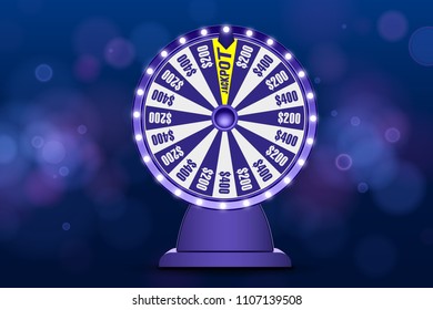 Fortune wheel 3d object on abstract defocused circular blue bokeh background. Blue Wheel of luck lottery. Jack Pot.