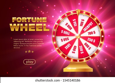 Fortune wheel 3d vector design of gambling game, online casino landing page template. Realistic lottery roulette or spinning prize wheel with red and white winning sections, jackpot and lose