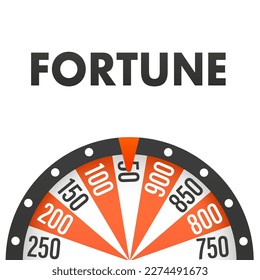 Fortune wheel. Cartoon rotating circle with colored sectors and arrow element. Lottery and random raffle prizes. Spinning roulette. Win money or gifts. Risky games in casino. Vector illustration